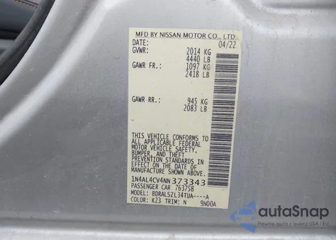 2022 Nissan Altima Sr Vc-Turbo Fwd z USA, uszkodzony, nr VIN 1N4AL4CV4NN373343